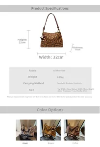 Detailed size chart for large leopard print tote with strap and plush bear charm