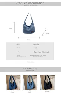 Detailed view of denim tote bag dimensions and multi-color options in a grid layout