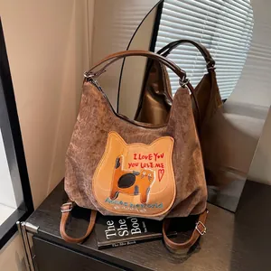 Retro Corduroy Backpack Large Capacity Cat Embroidery Tote Shoulder Bag Women Casual Commute School Bag With PU Leather Straps