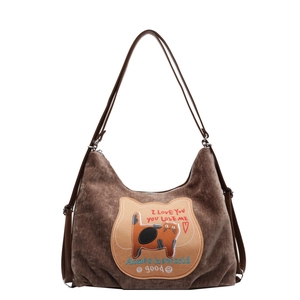 Brown corduroy tote bag with cute cat embroidery and large capacity for daily commuting