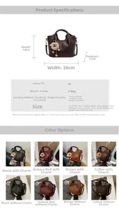 Detailed size and color guide for the vintage PU leather tote bag with lion pendant