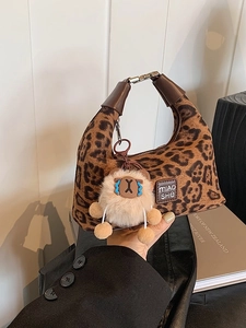 Women Leopard Print Crossbody Bag Plush PU Leather Dumpling Hobo Shoulder Handbag With Removable Lamb Charm Fashion Style