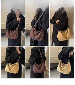 Detailed views of dark brown and apricot shoulder bags with vintage gold chain straps