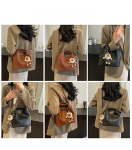 Collage of brown and black pebbled leather bags worn by a model in different styles