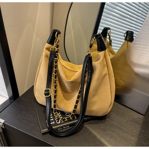 Retro khaki frosted leather hobo bag with thick gold chain strap and black trim detail