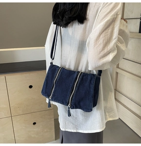 Detailed view of dark denim crossbody bag with parallel silver zipper decorations