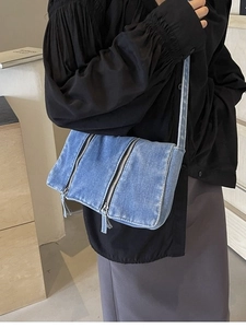 Women Washed Denim Crossbody Bag With Multi Zipper Decoration Retro Casual Tote Bag For Daily Travel Street Style