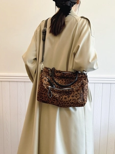 Sac Fourre-Tout Mode Léopard pour Femmes Vintage Sac Bandoulière PU Grande Capacité Double Fermeture Éclair Urbain Sac à Main