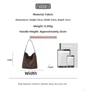 Size guide for leopard print canvas tote bag showing dimensions and item capacity