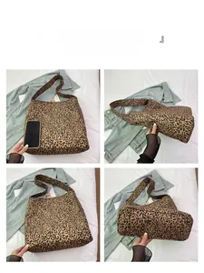 Detailed views of leopard print canvas tote bag showing structure and large capacity size