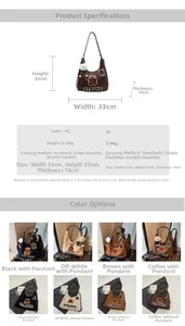 Size chart showing large PU tote bag dimensions 33x33x14cm and multi-way carry methods