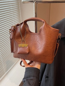 Women Vintage PU Leather Bucket Bag Minimalist Shoulder Crossbody Bag High Sense Light Luxury Handbag With Mini Pouch Pendant Street Trend Tote Bag