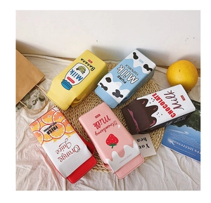 Creative milk box crossbody bags in five flavors featuring side zippers and PU leather detail
