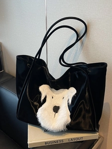 Large black glossy tote bag with white plush dog patch embroidery for daily use