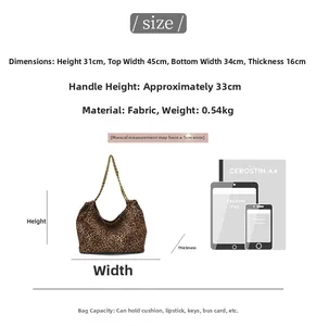 Size chart showing leopard print tote bag dimensions with iPad and A4 paper comparison