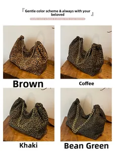 Detail view of large leopard print tote bags in four colors with gold chain straps