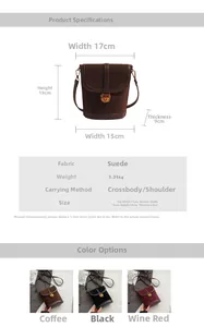 Detailed dimension chart and specifications for the retro suede crossbody bucket bag