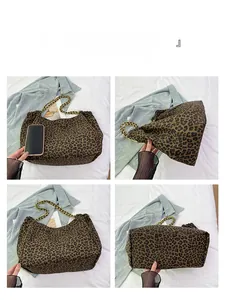 Detail views of leopard print tote bag showing metal chain strap and large capacity