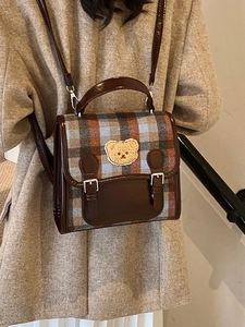 Vintage Plaid Backpack For Women PU Leather British Style Bear Patch Preppy School Bag Handbag Casual Travel Travel Bag