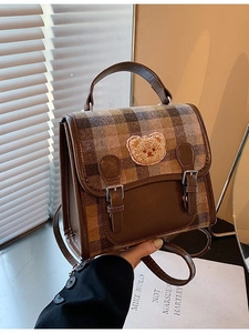 Brown plaid school backpack with teddy bear patch and metal buckle for women