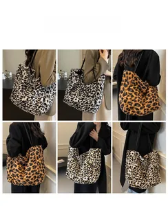 Lifestyle views of large leopard print tote bags in black and white or yellow patterns