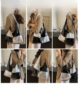Multi-angle views of a metallic silver and black patchwork hobo tote bag on a model
