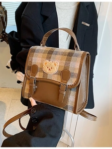 Vintage plaid backpack for women with teddy bear embroidery and leather details