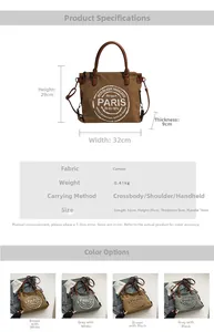 Spécifications de taille et vue comparative des couleurs du sac cabas Paris en toile