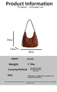 Detailed size specifications and parameters for the brown suede tote shoulder bag