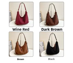 Collage of suede hobo bags in burgundy, dark brown, brown, and black colors