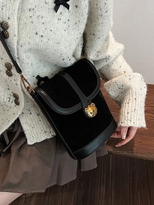 Women Retro Suede PU Patchwork Bucket Bag With Golden Bear Metal Buckle Casual Crossbody Shoulder Bag Small Messenger Bag