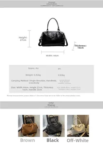 Size chart showing large PU leather travel bag dimensions 44x27x16cm and strap height
