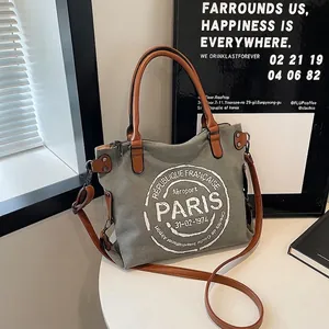 Sac Fourre-tout en Toile Vintage pour Femmes Imprimé Lettres Paris Grande Capacité Sac à Main Décontracté Bandoulière Avec Poignée en Similicuir