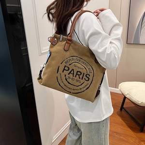 Sac cabas rétro en toile marron kaki avec poignées en cuir et imprimé Paris
