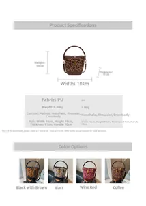 Detaillierte Größentabelle und Vier-Farben-Anzeige der PU-Eimertasche mit Leopardenmuster