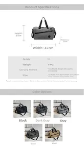 Specifiche dettagliate delle dimensioni per borsa da viaggio misura 47x27x23 cm