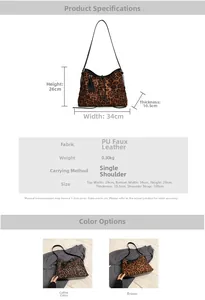 Size chart showing leopard print tote bag dimensions, PU leather material and specifications