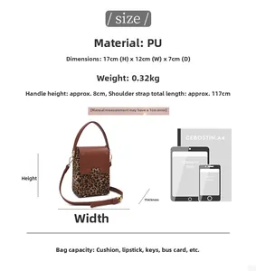 Detailed dimensions of leopard print crossbody bag compared with iPad and iPhone size