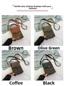 Vertical leopard print crossbody bags in brown, green, coffee, and black with rivets