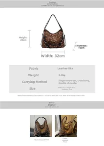 Schema delle dimensioni che mostra 32x28x10cm e consistenza in pelle scamosciata leopardata