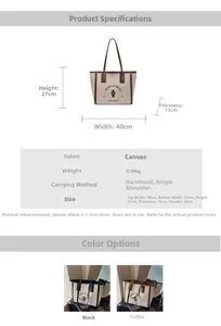 Infographic showing canvas tote dimensions with height 27cm and width 40cm for daily use