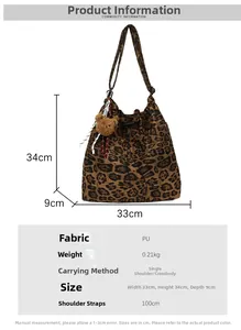 Detailed size specifications for large leopard print bucket bag with bear pendant