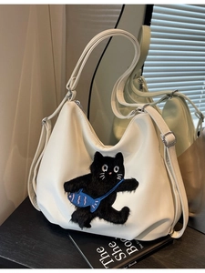 Sac fourre-tout blanc décontracté avec chat noir mignon et pochette poisson bleue tendance