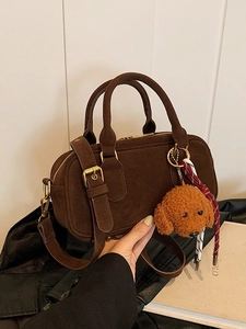 Borsa Bowling in Pelle PU Smerigliata Vintage da Donna Borsa a Tracolla Fashion Boston Bag Con Pendaglio a Forma di Cane Borsa a Mano