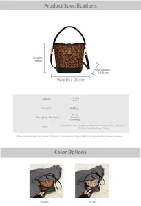 Vertical leopard print bucket bag size specifications and adjustable shoulder strap detail