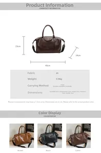 Detailed size chart and specifications for large vintage PU leather tote bag with dimensions