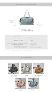 Detailed size guide for large PU travel bag showing dimensions 44x27x16cm and strap info