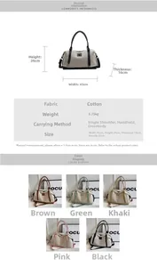 Detailed size chart for large canvas travel bag showing 43x26x16cm dimensions and colors