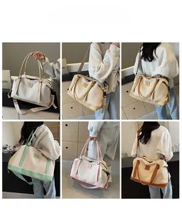 Collage of multi-functional canvas travel bag shown in hand-carry and crossbody styles
