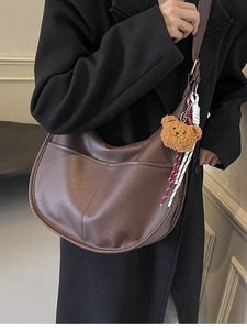 Korean Fashion Women Hobo Bag PU Lychee Pattern Half Moon Crossbody Shoulder Bag Large Capacity Casual Handbag Bear Pendant